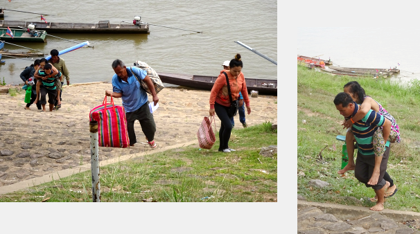 Un hombre carga en su espalda a una laosiana enferma por los escalones empinados del cruce del río Mekong, para llevarla a un hospital tailandés en Khemarat.