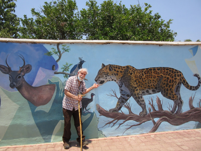 Muchos murales espléndidos ahora decoran las paredes del pueblo renovado de Ajoya. Aquí saludo a un jaguar---de los cuales algunos vivos aún merodean por el bosque circundante.