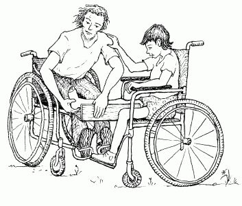 Tarjeta de felicitación con un hombre en silla de ruedas ayudando a un niño en silla de ruedas.