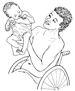 Tarjeta de felicitación con un hombre en silla de ruedas sosteniendo a un bebé.