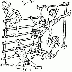 Tarjeta de felicitación con niños discapacitados jugando en un patio de juegos de madera tallada en bruto.