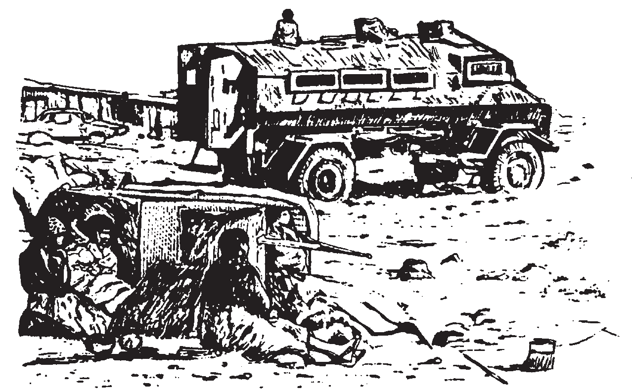 A casspir (vehicle) is used in the destruction of squatter settlements.