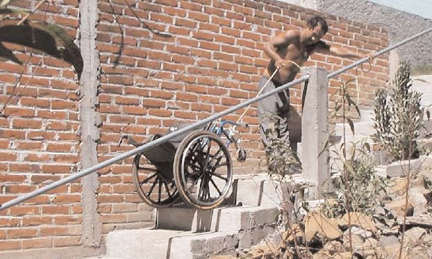  Since his spinal cord injury, Jose Luis—in Michoacan, Mexico—almost never left his home because of the steep rocky slope he had to go up. PROESA helped his family build these steps and railing, which he climbs pulling his wheelchair after him. Jose Luis is now at PROJIMO learning to make wheelchairs, to start a shop in PROESA.