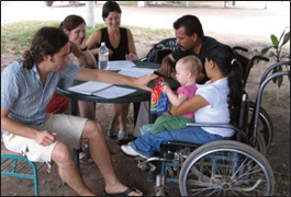 Rigo (top right) and Virginia (with baby), teaching Spanish to North American volunteers at PROJIMO.