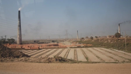 Smoke stacks create air pollution.