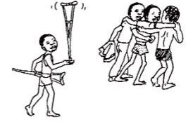 ...Carrying his crutches, they help him down the steep slope to the river, where Pedrito with his arms strong from crutch use can swim as well or better than the others. 