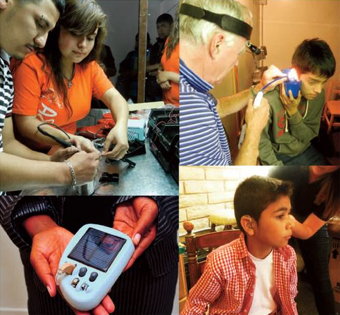 In the ARSOBO "Hearing Health Workshop," deaf workers and volunteers help assemble solar-charged battery components and fit persons with auditory problems.