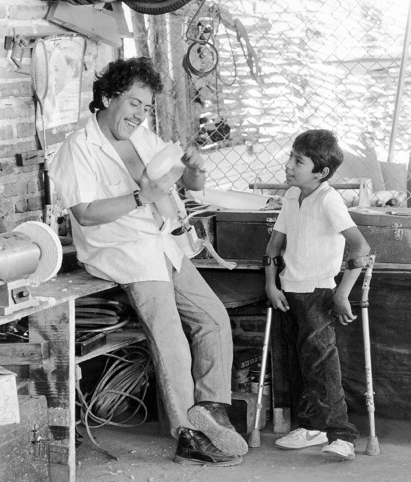 As a child, leg-braces where made for Tomás at PROJIMO by Armando, who, like Tomás, was disabled by polio. The boy decided he too wanted to be a rehab worker when he grew up, and now is one.