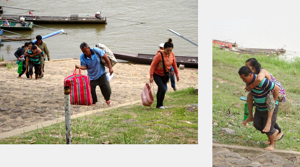 A porter carries on his back a sick Laotian woman up the steep steps from the Mekong River crossing, to take her to a Thai Hospital in Khemarat.