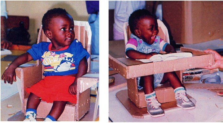 Examples of simple APT cardboard seats made for disabled children in Africa.