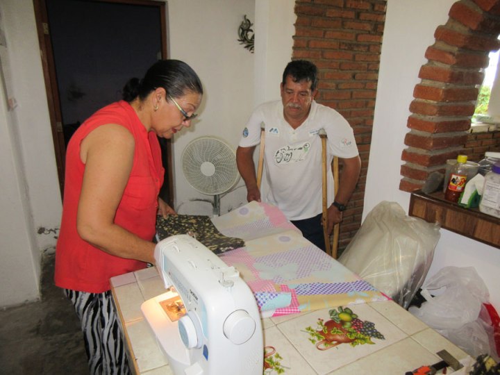 Estela—a good-hearted seamstress who volunteers with Habilítate—sews colorful cloth covers on the padding and cushions of the children’s special seats. She attractively covered the sponge padding and wedges for Susi’s seat.