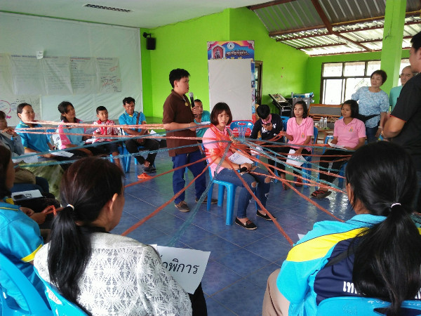 In the first part of the role-play everyone surrounding the pregnant schoolgirl is critical. Each time someone makes a cruel or reprimanding remark, a string is tied around the girl and held by the person scolding her. Eventually there are up to 20 strings binding her! 