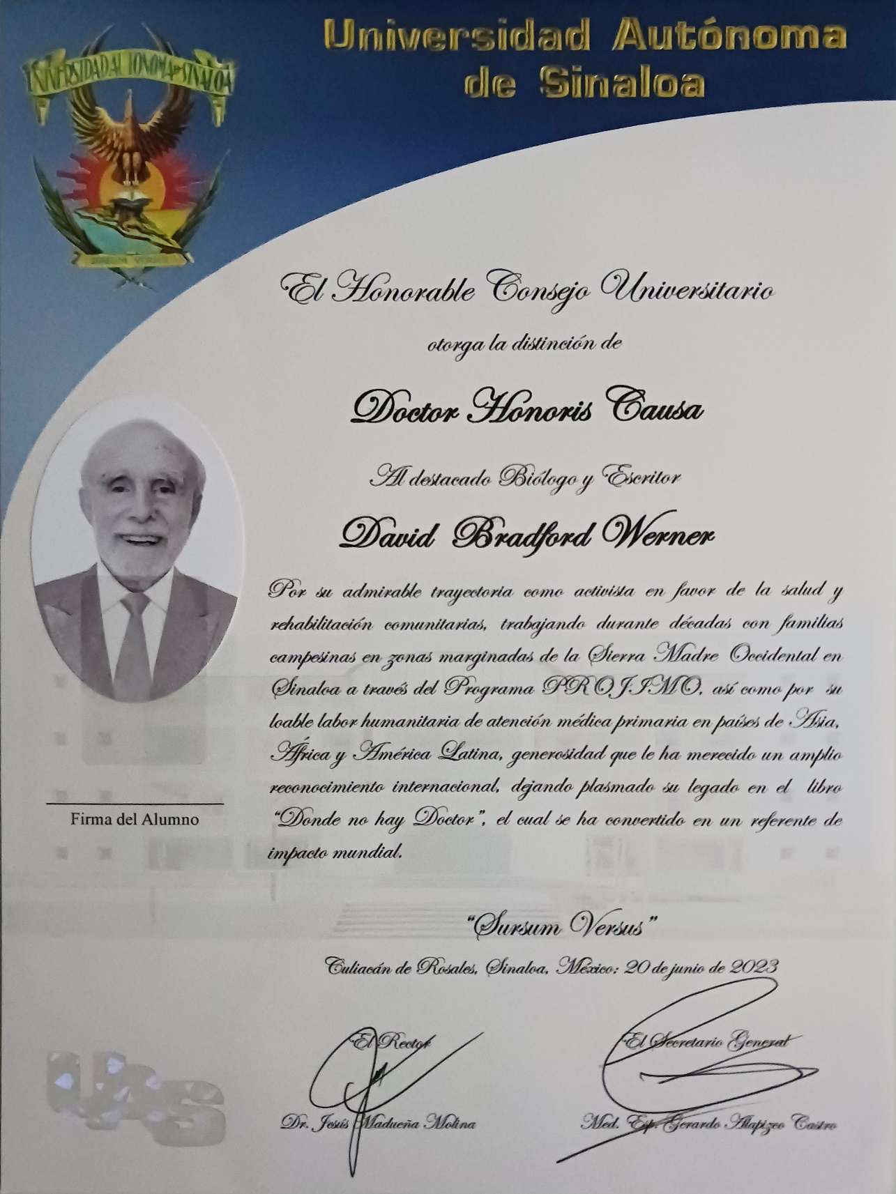 Diploma for David Werner’s honorary doctorate degree