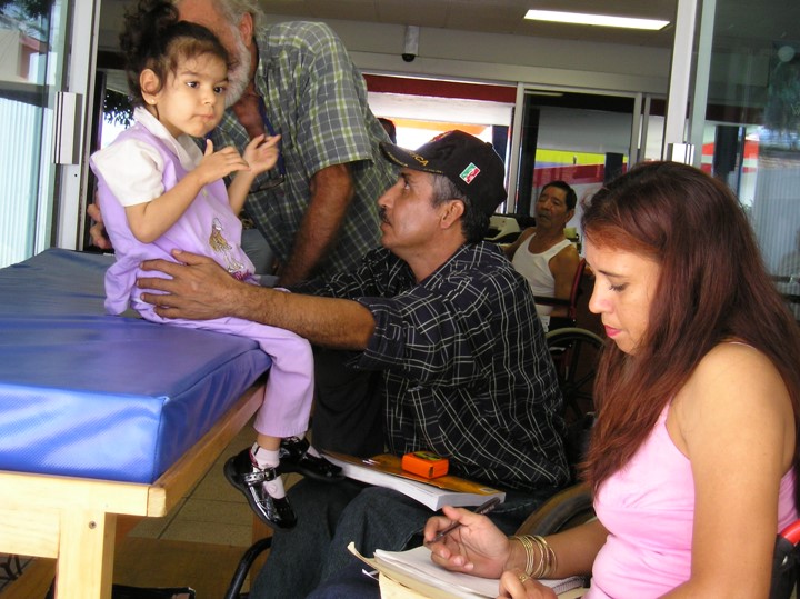 Here at the DIF center in Los Mochis, one of the children tracked down by Lilí is evaluated and measured for a wheelchair by the PROJIMO team members (Carmen, Raymundo, and David).