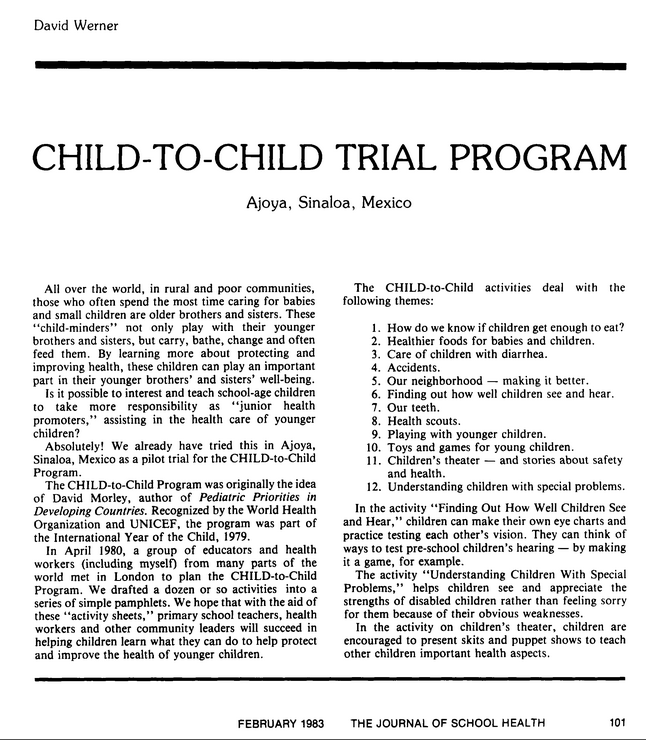 A screencapture of David Werner's article 'Child-to-Child Trial Program'