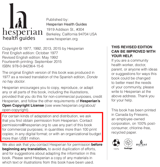 Where There Is No Doctor copyright notice in 2015 reprint.