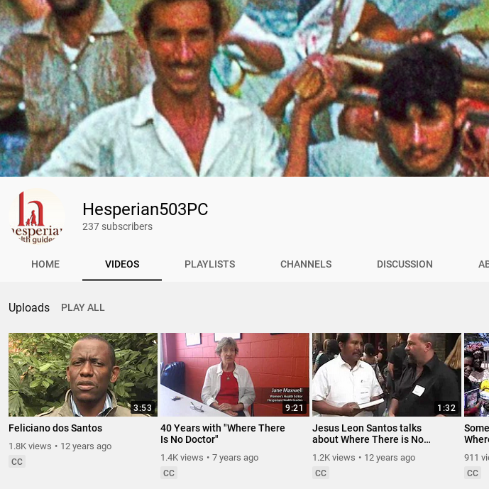 Hesperian's YouTube channel, featuring a crop of a full-resolution scan of the iconic photograph from the front cover of Where There Is No Doctor.
